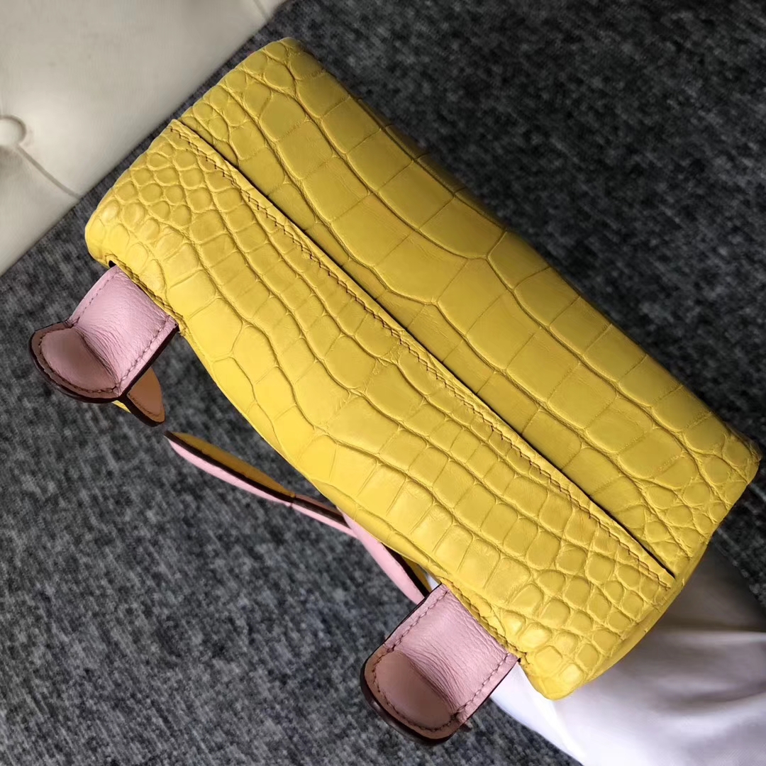 Lovely Hermes 9R Lemon Yellow/3Q Pink Matt Crocodile Kelly Doll Bag16CM Silver Hardware