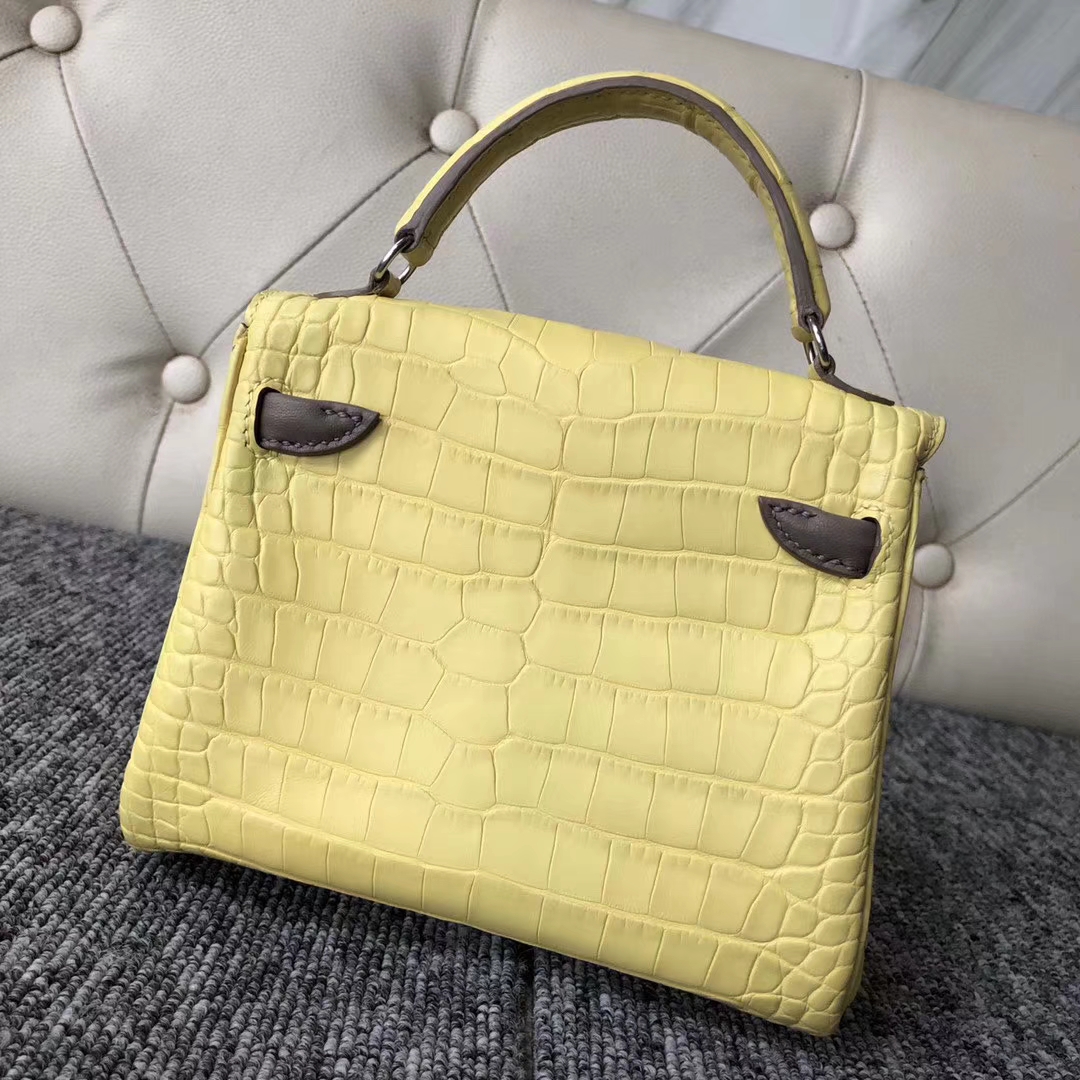 New Hermes 9R Lemon Yellow Matt Crocodile Kelly Doll Bag16cm Silver Hardware