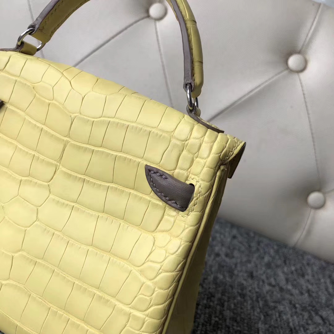 New Hermes 9R Lemon Yellow Matt Crocodile Kelly Doll Bag16cm Silver Hardware