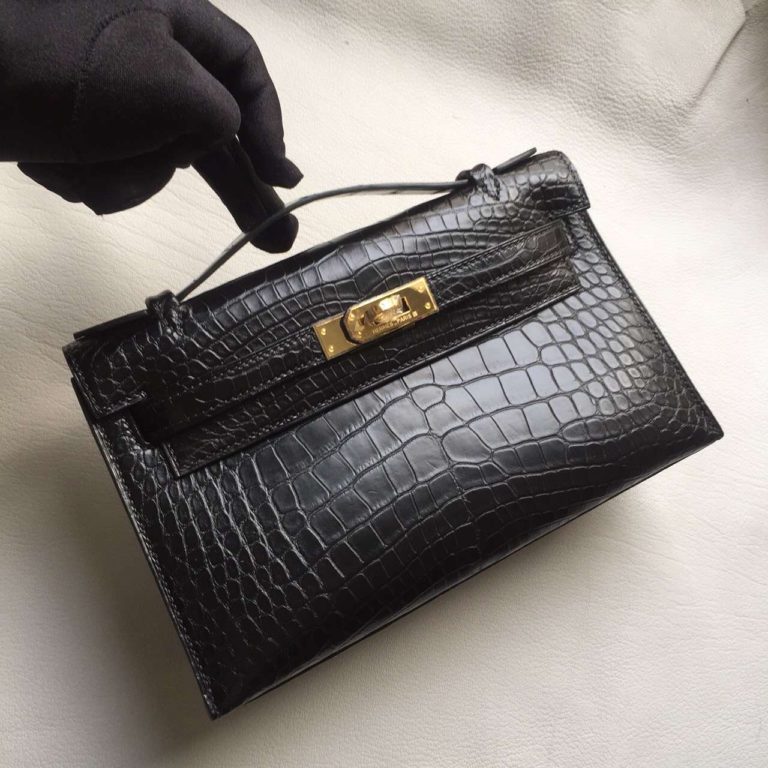 Hermes Crocodile Matt Leather Mini Kelly Clutch Bag in CK89 Black