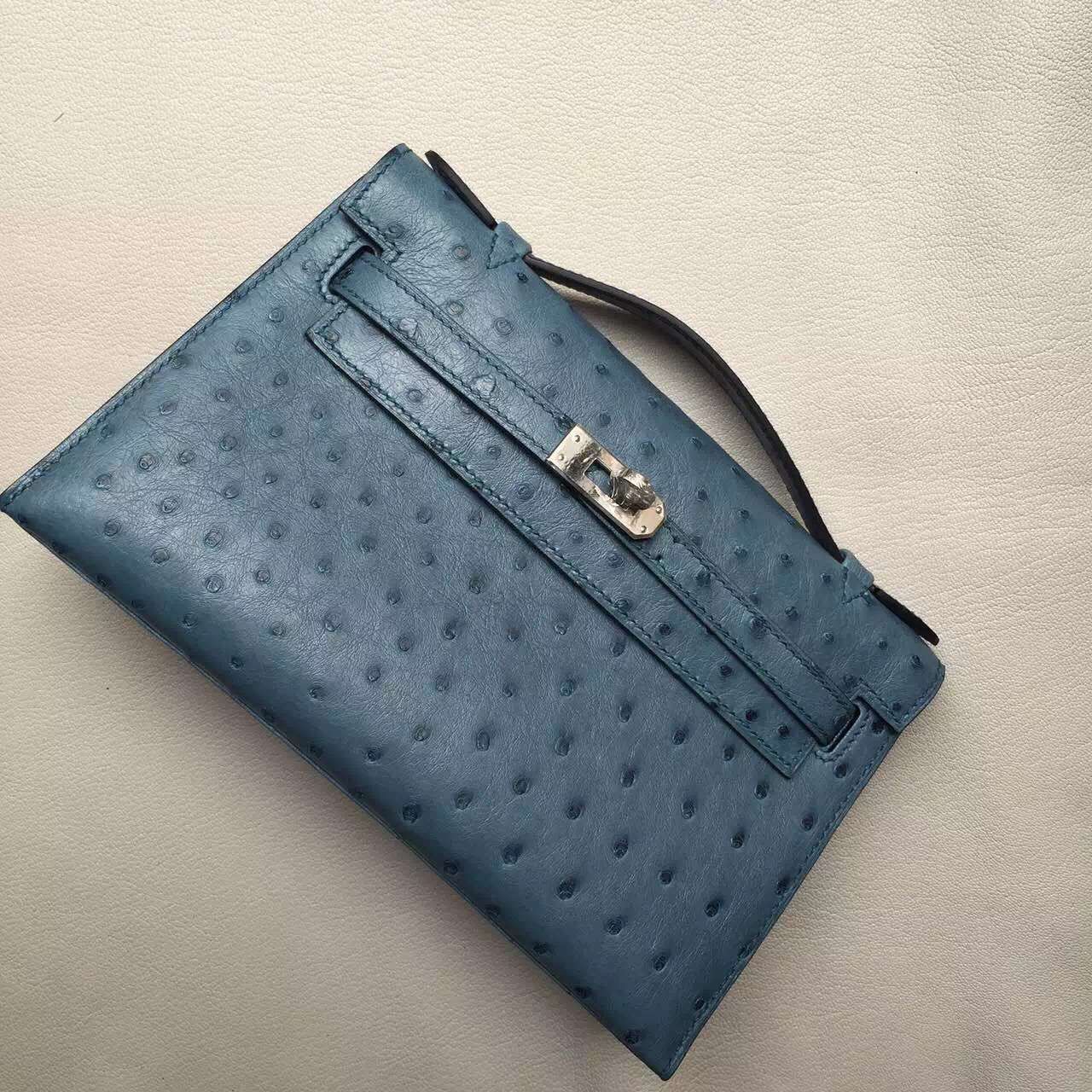 New Arrival Hermes CK75 Blue Jean Ostrich Leather Minikelly Pochette 22CM