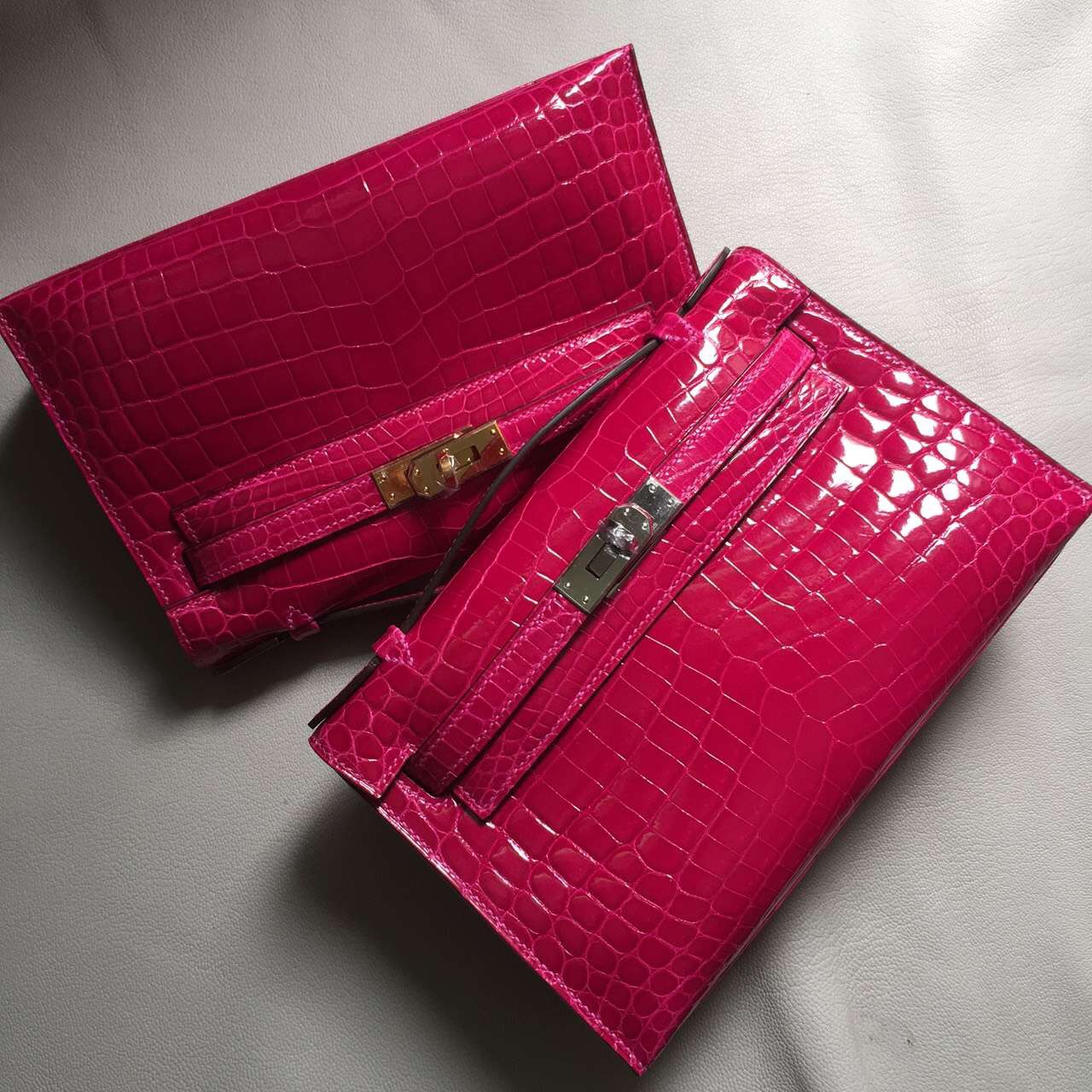 Hermes J5 Rose Scheherazade Crocodile Shiny Leather Minikelly Clutch Bag 22CM