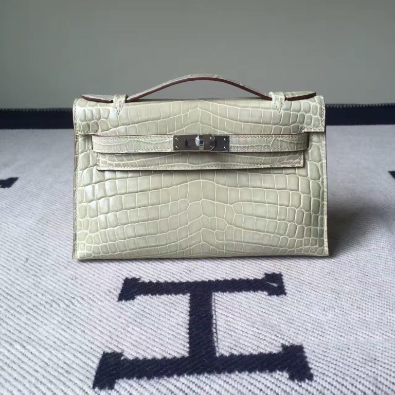 Hermes Minikelly Clutch Bag  22cm 8L Beton White Crocodile Leather