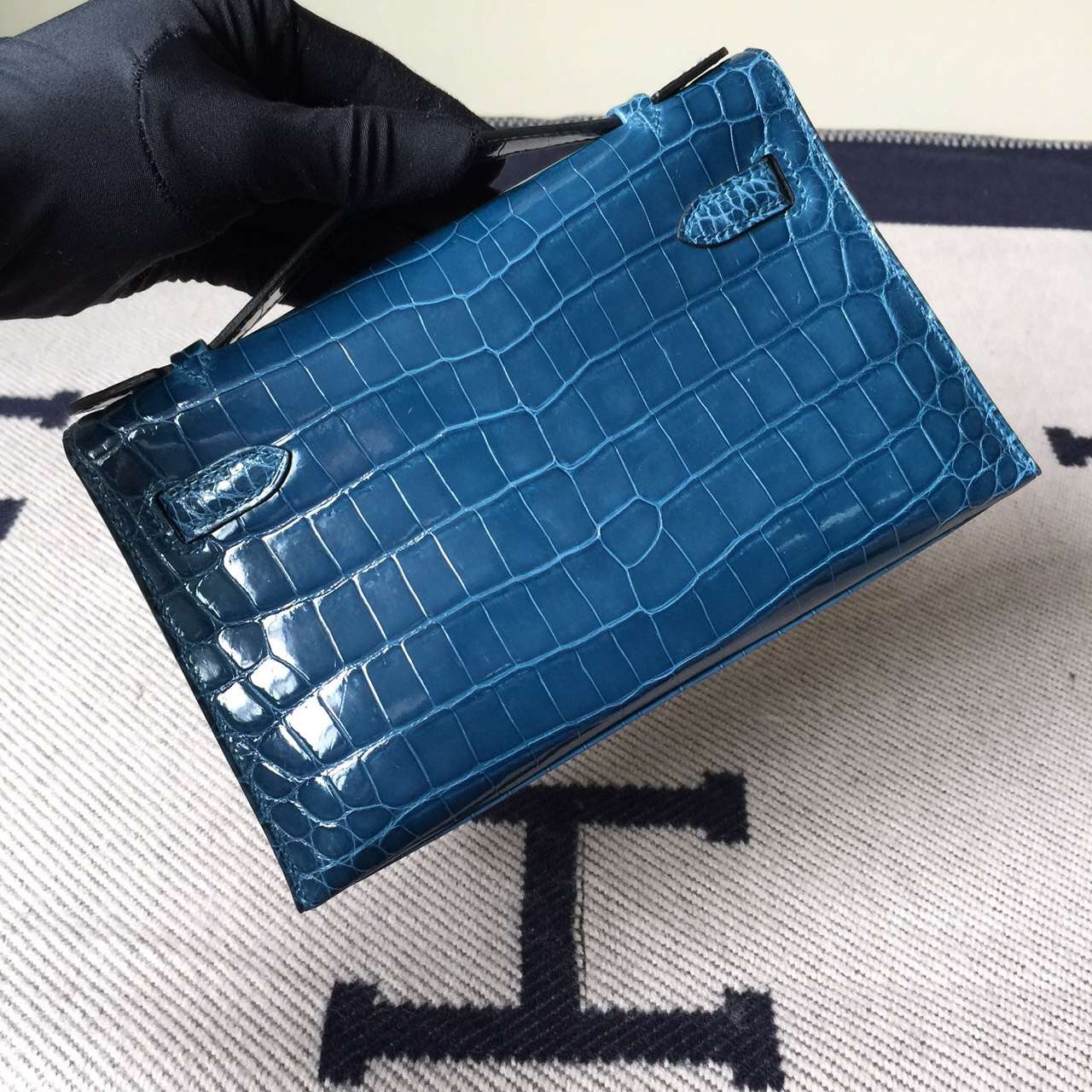 Wholesale Hermes Crocodile Shiny Leather Minikelly Pochette 22CM in 1P Duck Blue