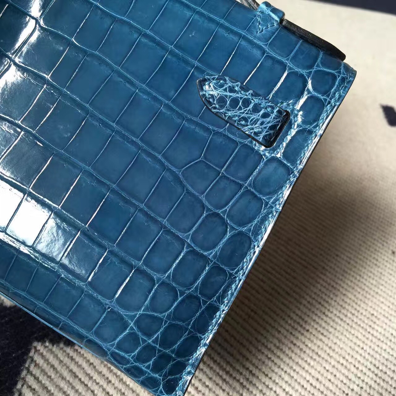Wholesale Hermes Crocodile Shiny Leather Minikelly Pochette 22CM in 1P Duck Blue