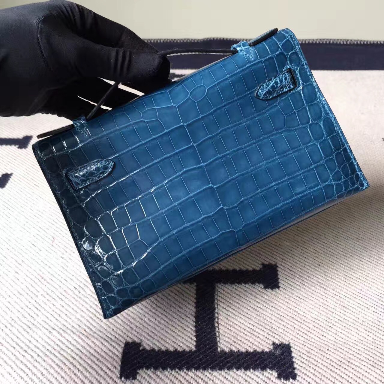 Wholesale Hermes Crocodile Shiny Leather Minikelly Pochette 22CM in 1P Duck Blue