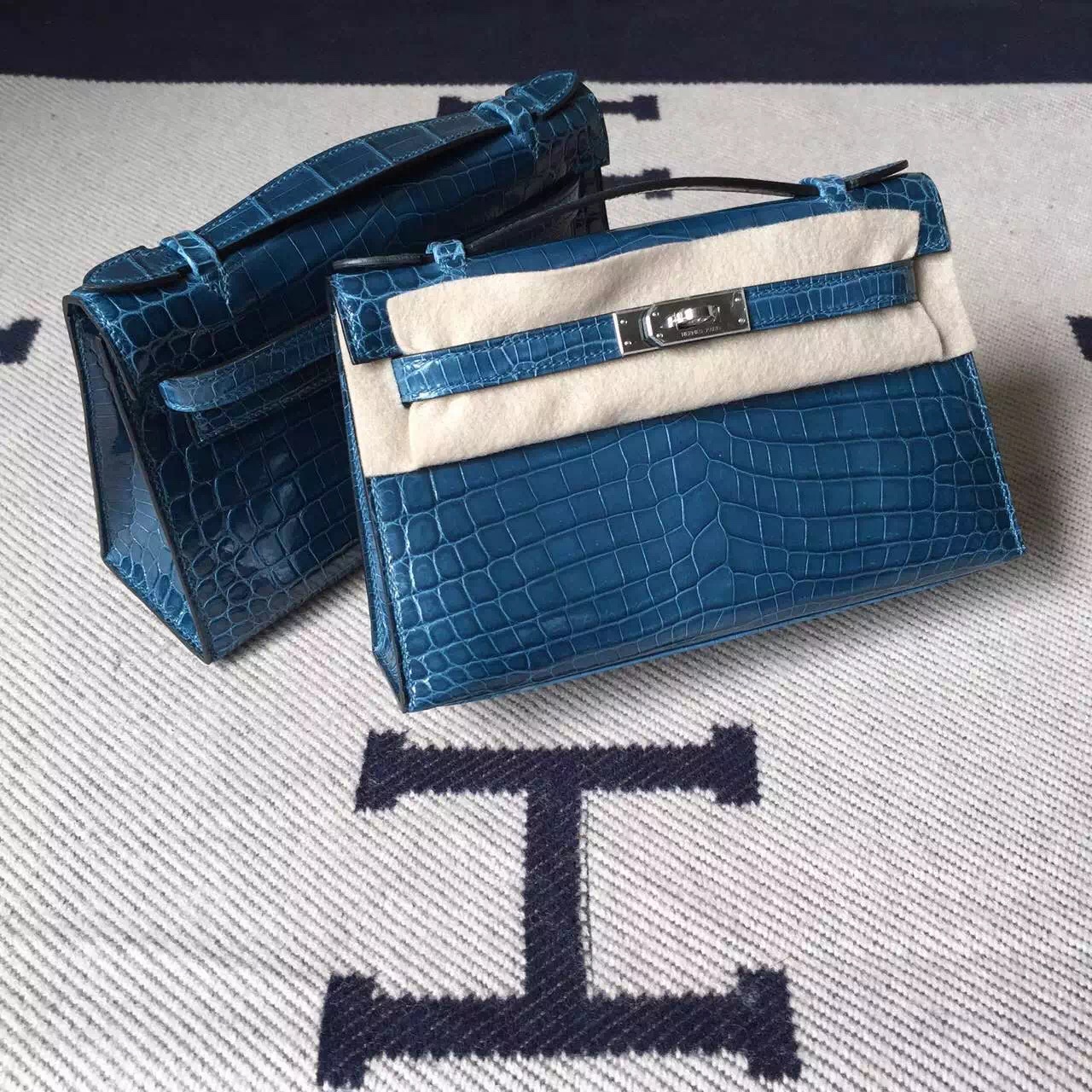 Wholesale Hermes Crocodile Shiny Leather Minikelly Pochette 22CM in 1P Duck Blue