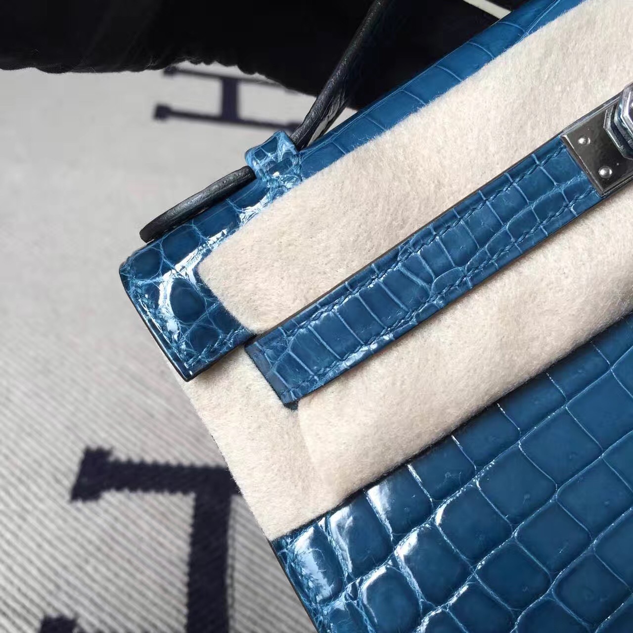 Wholesale Hermes Crocodile Shiny Leather Minikelly Pochette 22CM in 1P Duck Blue