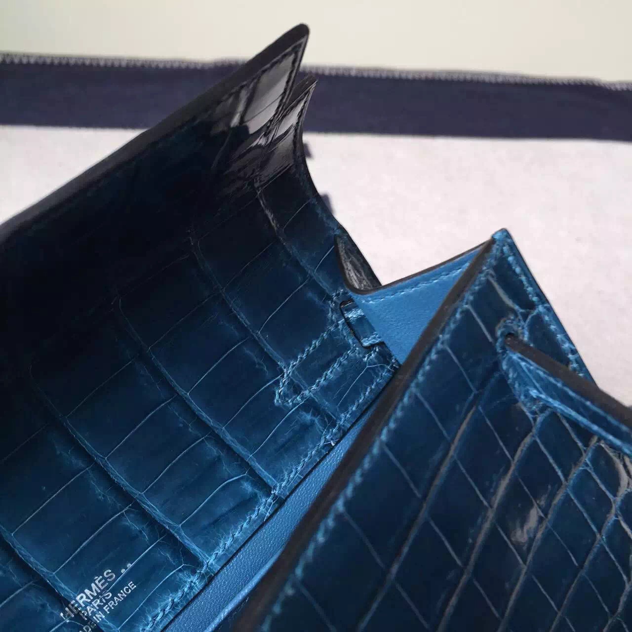 Wholesale Hermes Crocodile Shiny Leather Minikelly Pochette 22CM in 1P Duck Blue