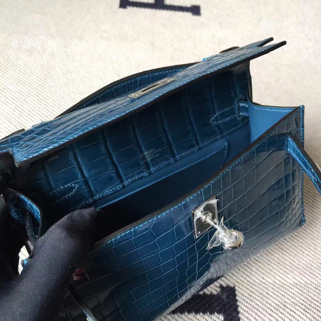 Wholesale Hermes Crocodile Shiny Leather Minikelly Pochette 22CM in 1P Duck Blue