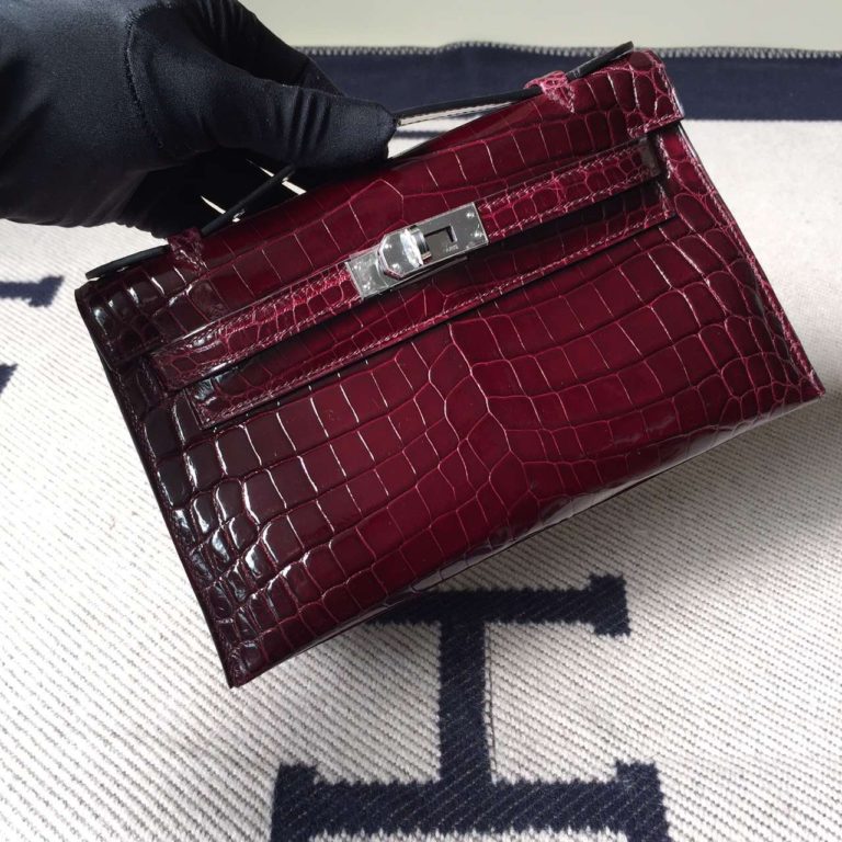 Hermes Minikelly Bag  22CM CK57 Bordeaux Crocodile Shiny Leather