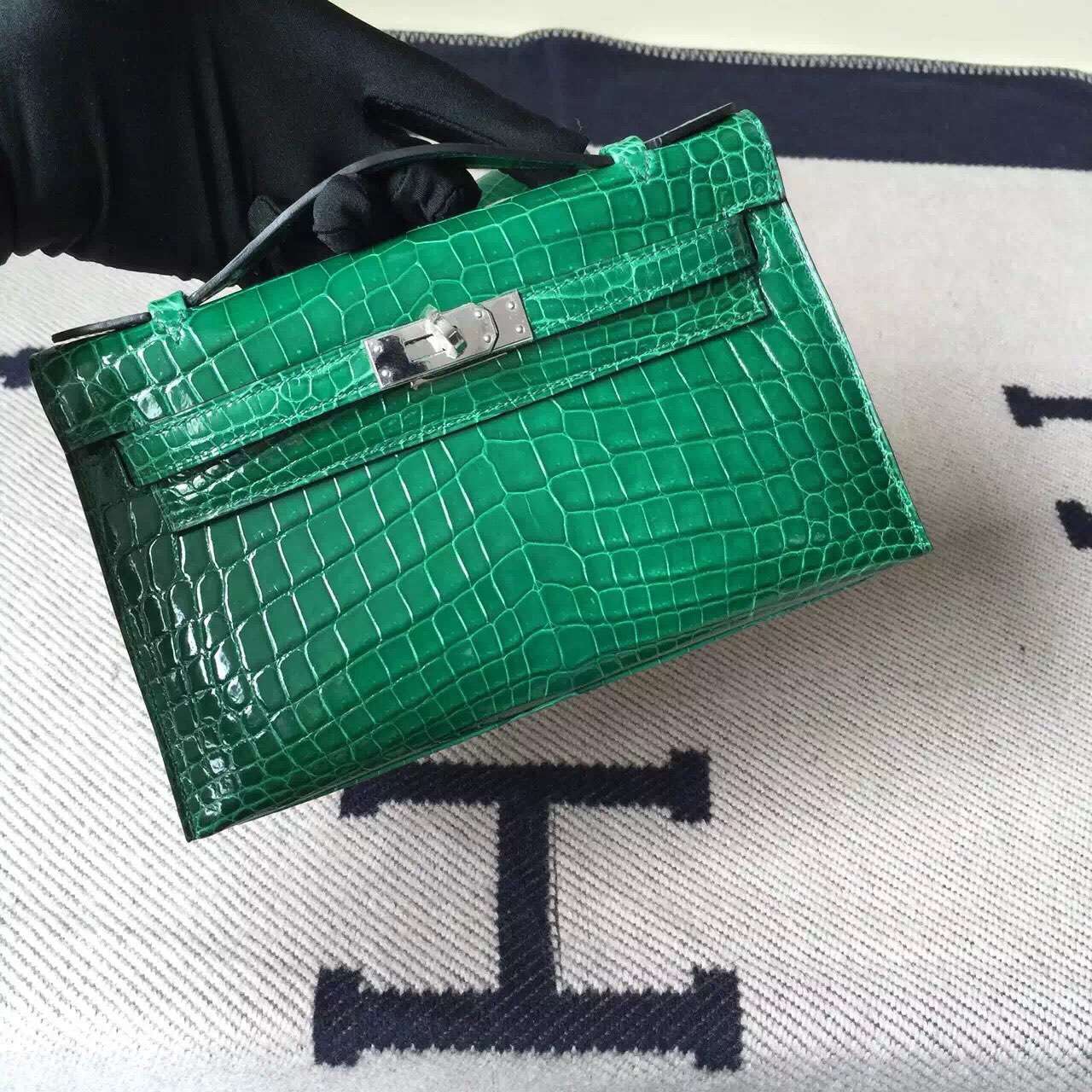 Hermes 6Q Emerald Green Crocodile Shiny Leather Minikelly Clutch Bag22cm