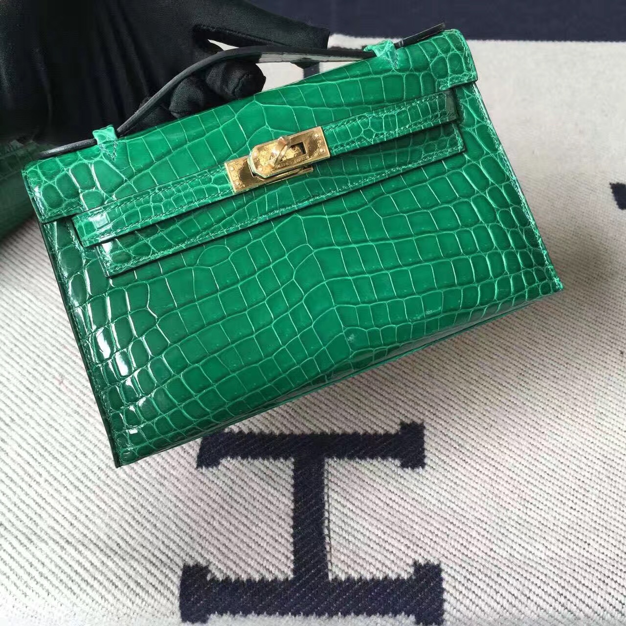 Hermes 6Q Emerald Green Crocodile Shiny Leather Minikelly Clutch Bag22cm