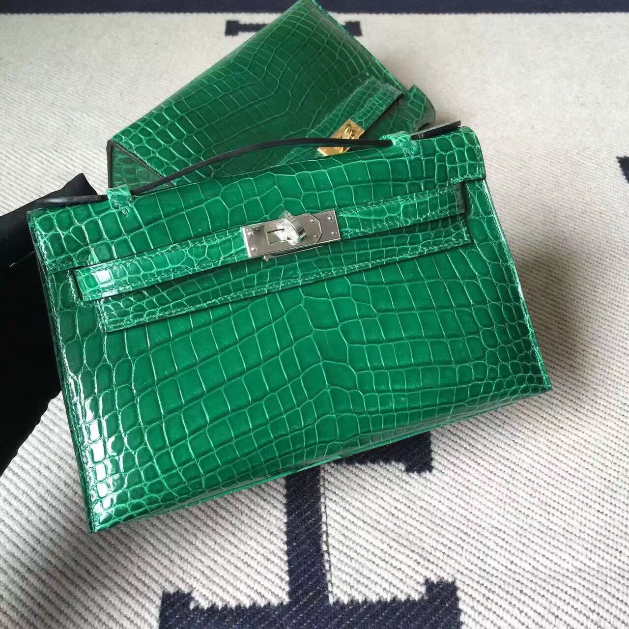 Hermes 6Q Emerald Green Crocodile Shiny Leather Minikelly Clutch Bag22cm