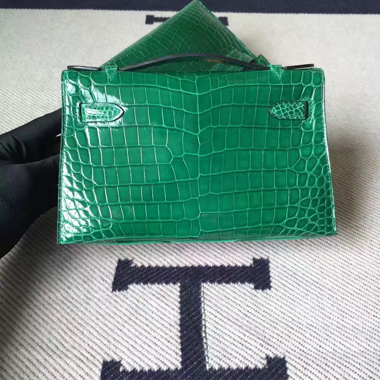 Hermes 6Q Emerald Green Crocodile Shiny Leather Minikelly Clutch Bag22cm