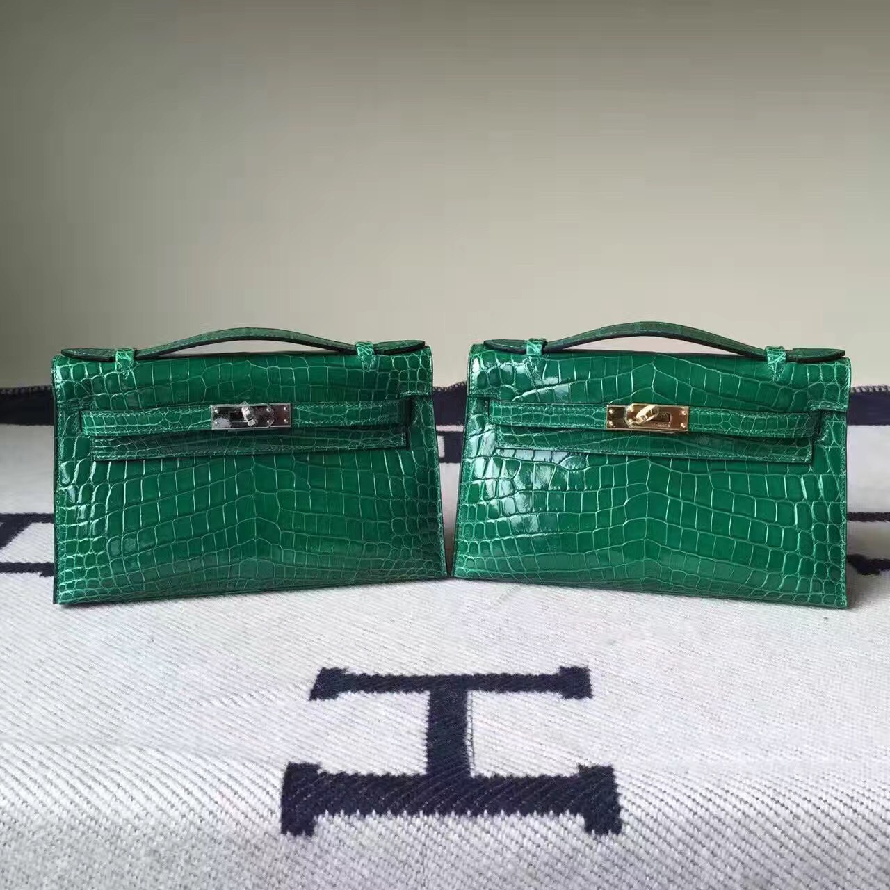 Hermes 6Q Emerald Green Crocodile Shiny Leather Minikelly Clutch Bag22cm