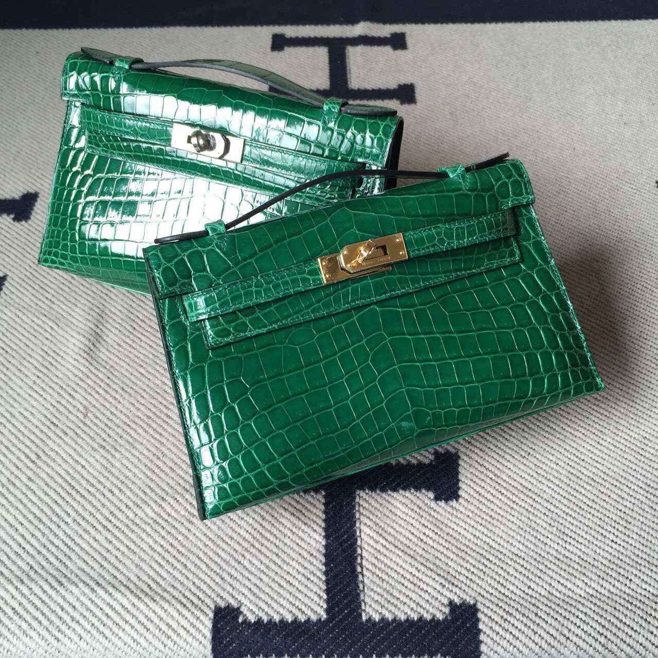 Hermes 6Q Emerald Green Crocodile Shiny Leather Minikelly Clutch Bag22cm