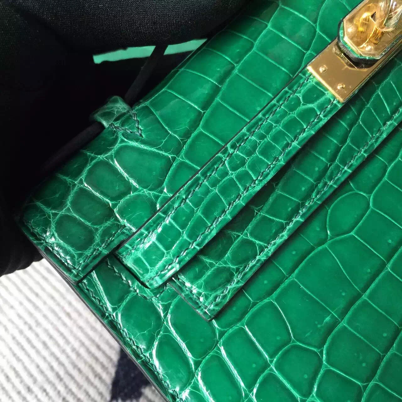 Hermes 6Q Emerald Green Crocodile Shiny Leather Minikelly Clutch Bag22cm
