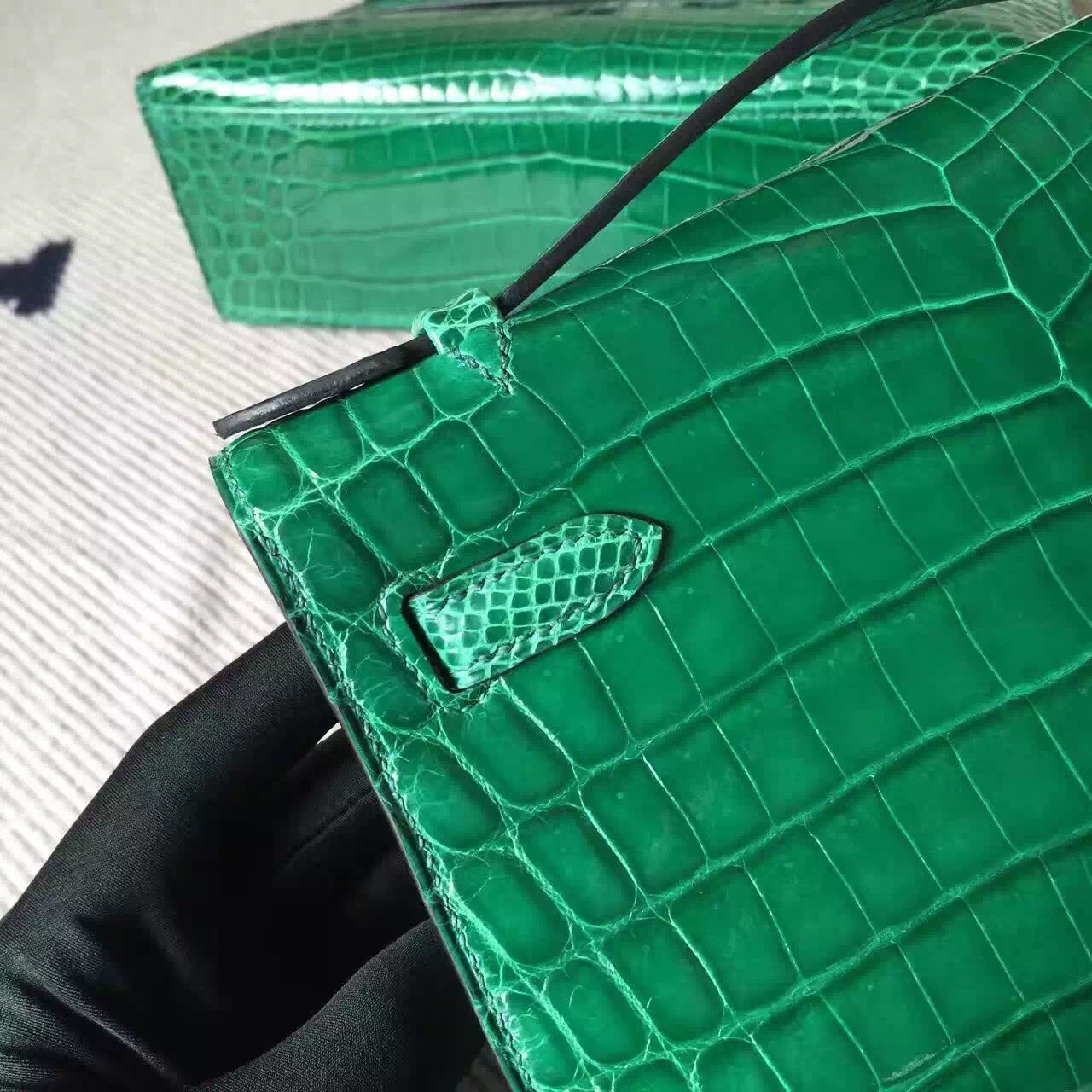 Hermes 6Q Emerald Green Crocodile Shiny Leather Minikelly Clutch Bag22cm
