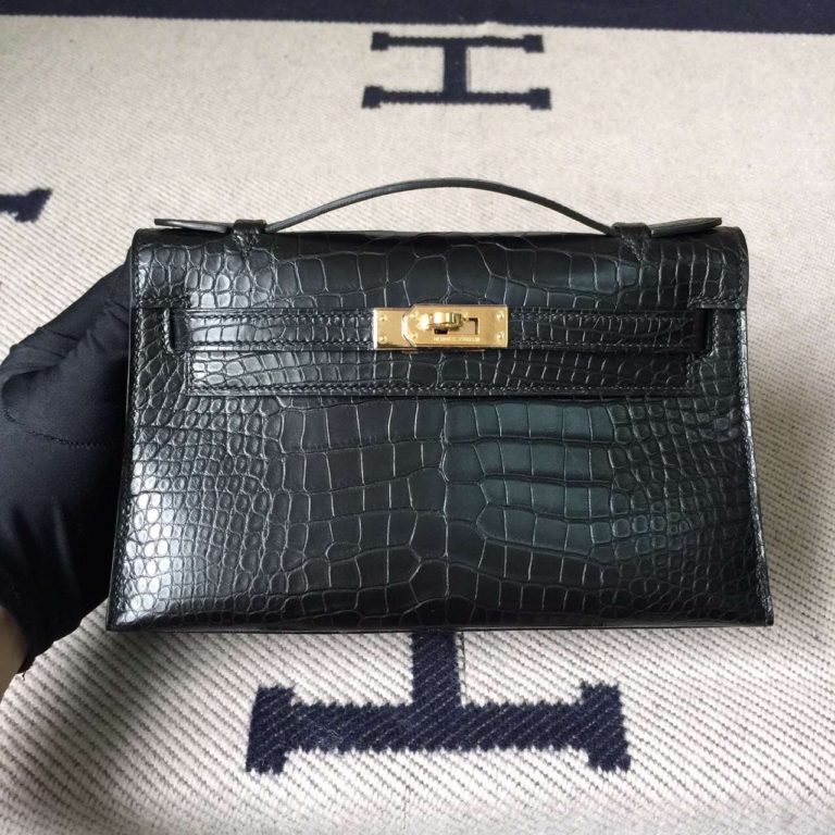 Hermes CK89 Black Crocodile Matt Leather Minikelly Clutch Bag  22CM