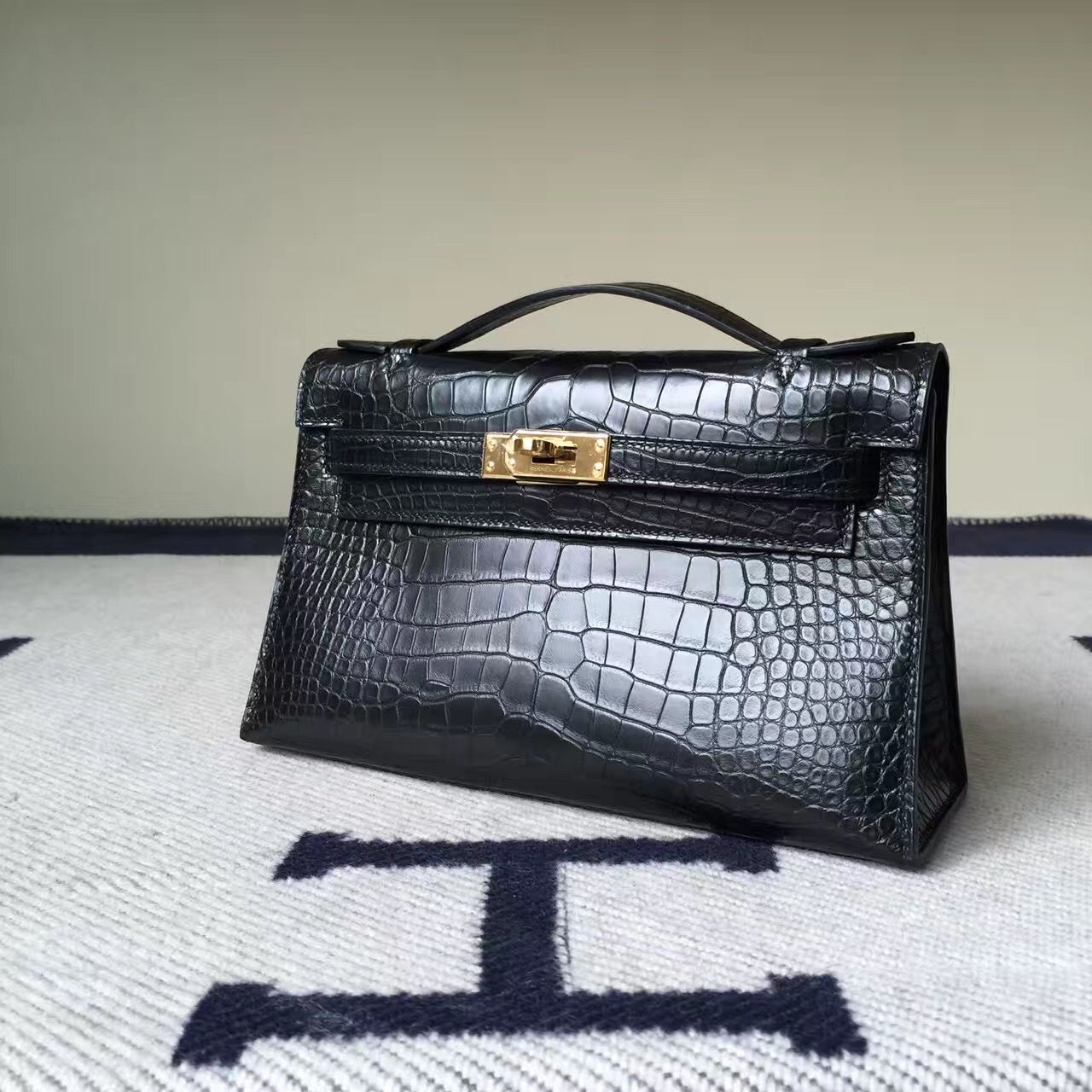 Wholesale Hermes CK89 Black Crocodile Matt Leather Minikelly Clutch Bag 22CM