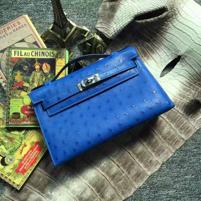 Hand Stitching Hermes 7T Blue Electric KK Ostrich Leather Minikelly Pochette Bag  22CM
