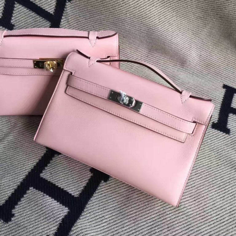 On Hermes Swift Calfskin Leather Minikelly Clutch Bag in 3Q Rose Sakura