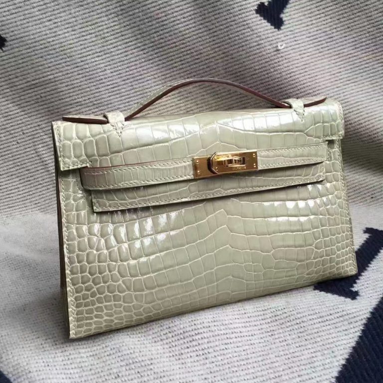 Hermes Gris Tourterelle Crocodile Shiny Leather Minikelly Clutch Bag 22cm