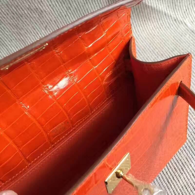 Discount Hermes Orange Crocodile Shiny Leather Minikelly Clutch Bag 22CM