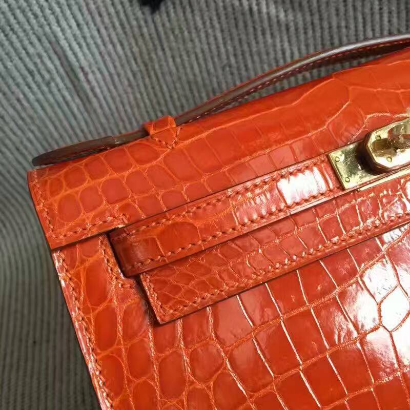 Discount Hermes Orange Crocodile Shiny Leather Minikelly Clutch Bag 22CM
