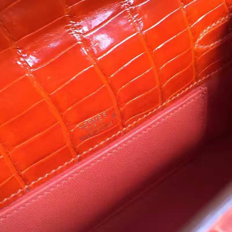 Discount Hermes Orange Crocodile Shiny Leather Minikelly Clutch Bag 22CM
