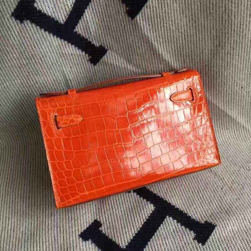 Discount Hermes Orange Crocodile Shiny Leather Minikelly Clutch Bag 22CM