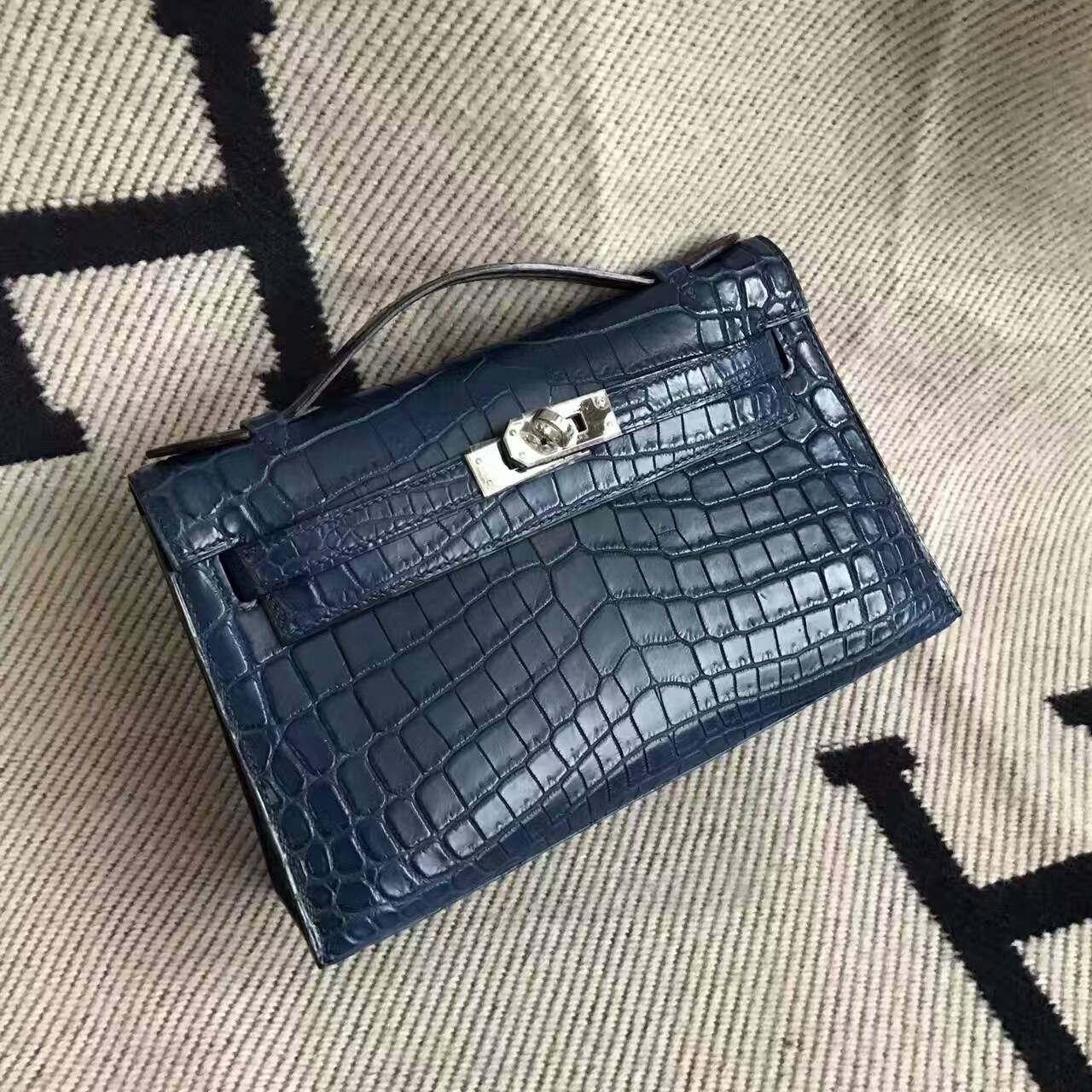 High Quality Hermes Crocodile Matt Leather Minikelly22cm Handbag in 73 Blue Saphir