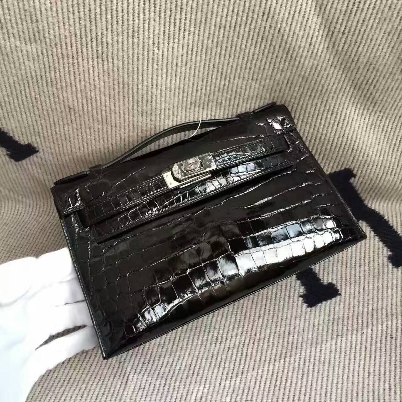 Discount Hermes CK89 Black Crocodile Shiny Leather Minikelly Clutch Bag22cm