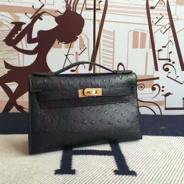 Hermes Minikelly Clutch Bag in CK89 Black Ostrich Leather