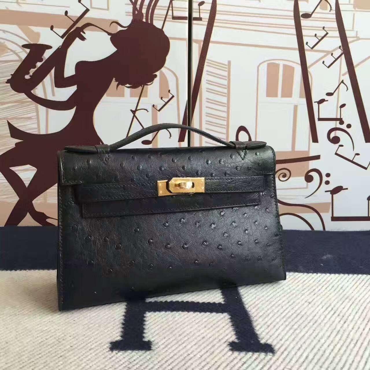 Discount Hermes Minikelly Clutch Bag in CK89 Black Ostrich Leather