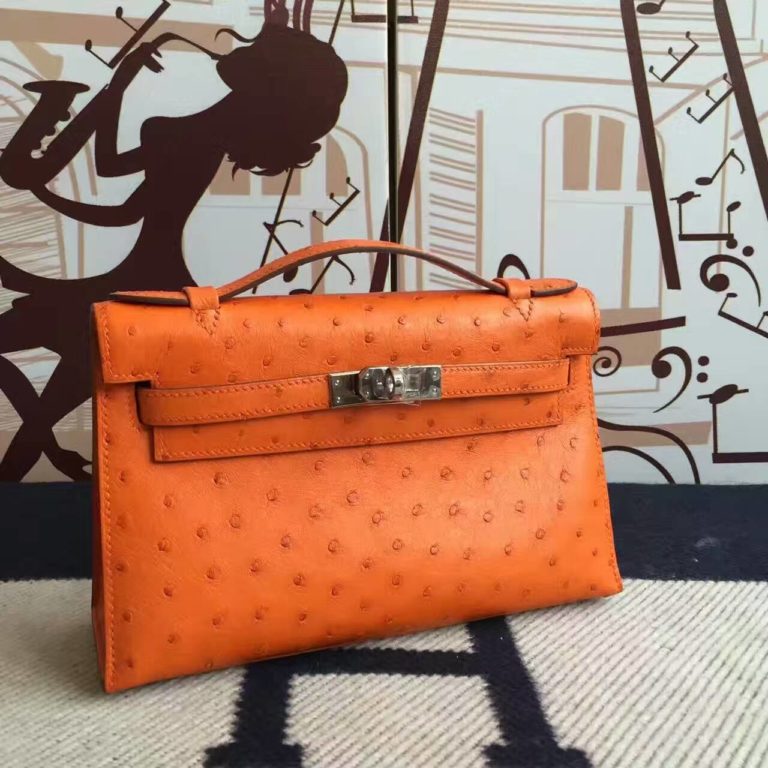 Hermes 93 Orange Ostrich Leather Minikelly pochette Clutch Bag  22CM