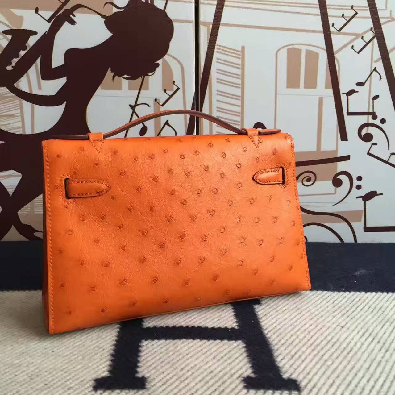 Sale Hermes 93 Orange Ostrich Leather Minikelly pochette Clutch Bag 22CM