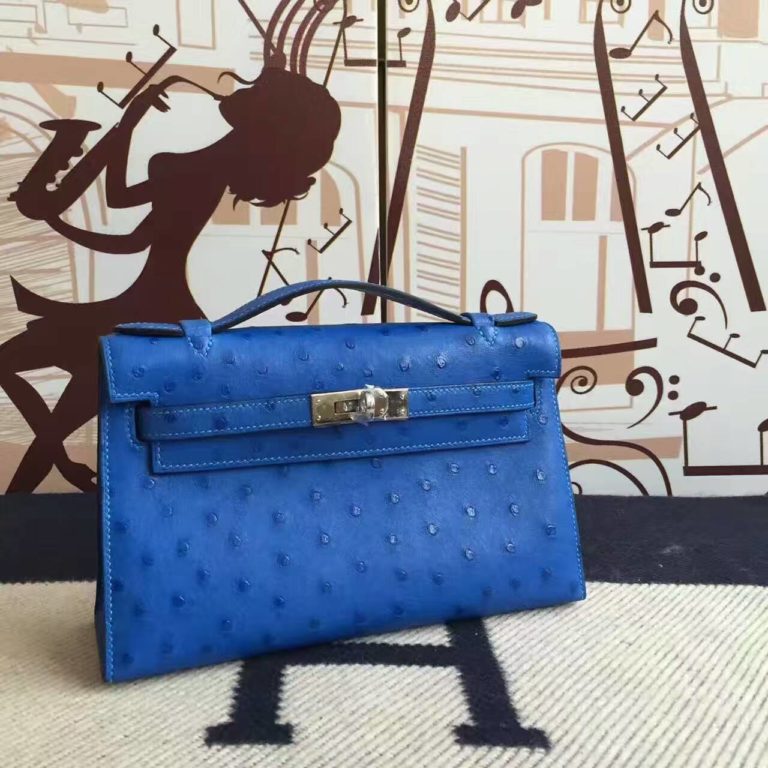 Hermes 7T Blue Electric Ostrich Leather Minikelly Clutch Bag  22CM