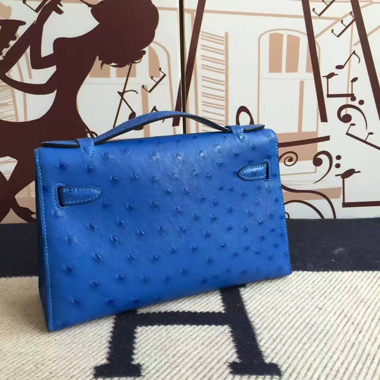 Wholesale Hermes 7T Blue Electric Ostrich Leather Minikelly Clutch Bag 22CM