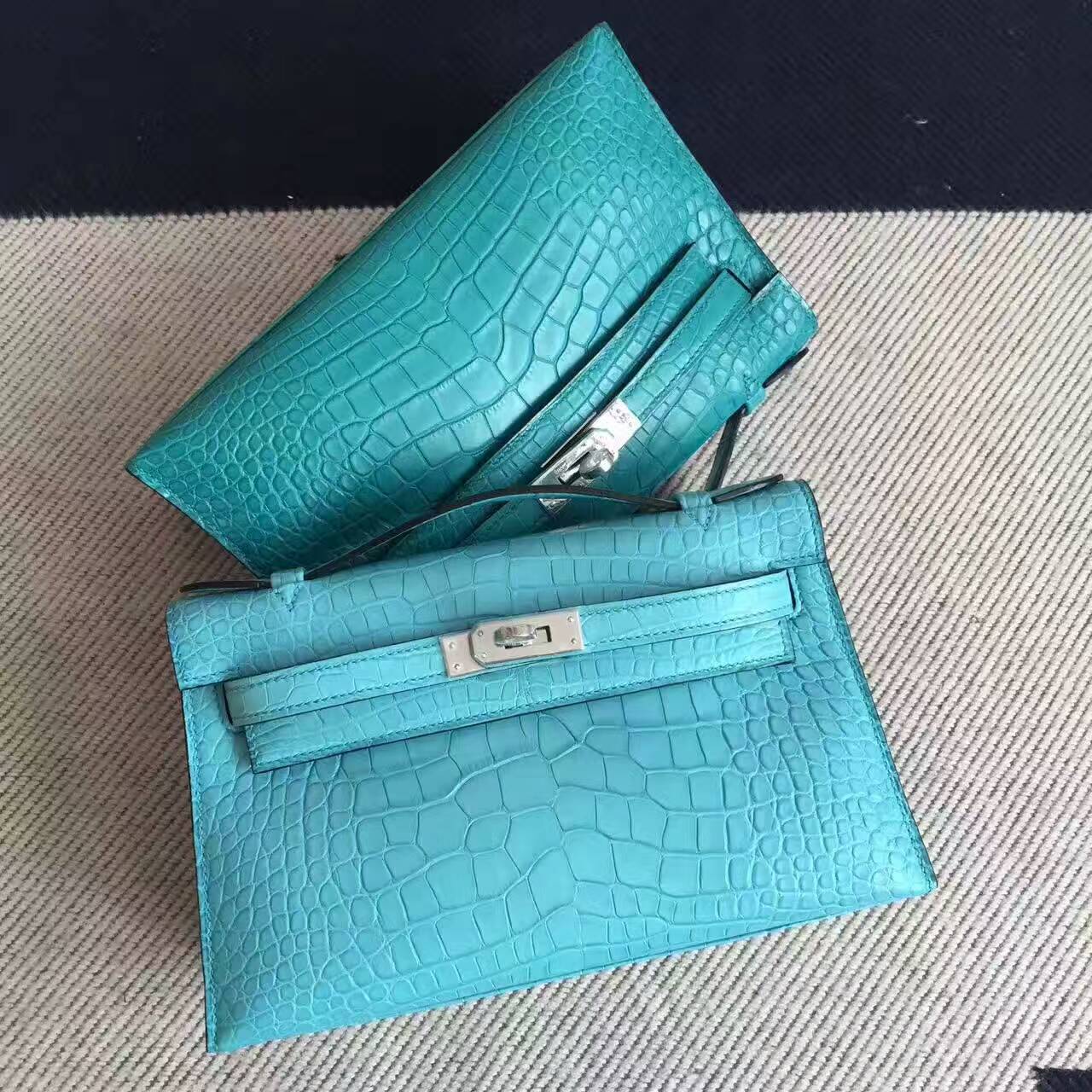 Wholesale Hermes 3Z Blue Saint-cyr Alligator Matt Leather Minikelly Pochette 22CM