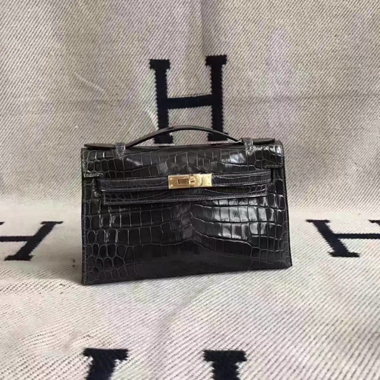 Hermes 88 Graphite Grey Crocodile Shiny Leather Minikelly Bag  22cm