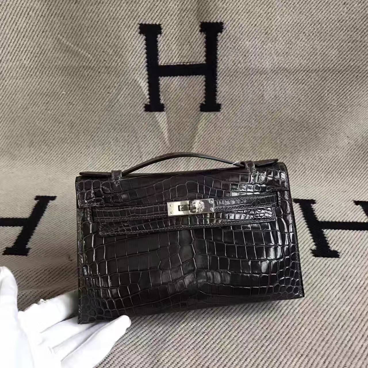 Wholesale Hermes 88 Graphite Grey Crocodile Shiny Leather Minikelly Bag 22cm