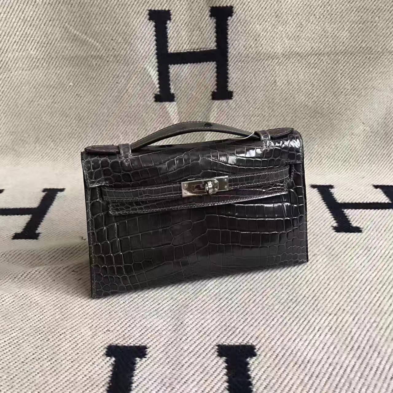 Wholesale Hermes 88 Graphite Grey Crocodile Shiny Leather Minikelly Bag 22cm