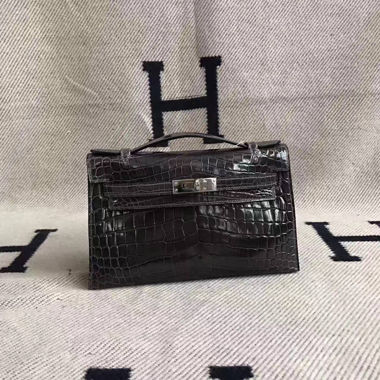 Wholesale Hermes 88 Graphite Grey Crocodile Shiny Leather Minikelly Bag 22cm