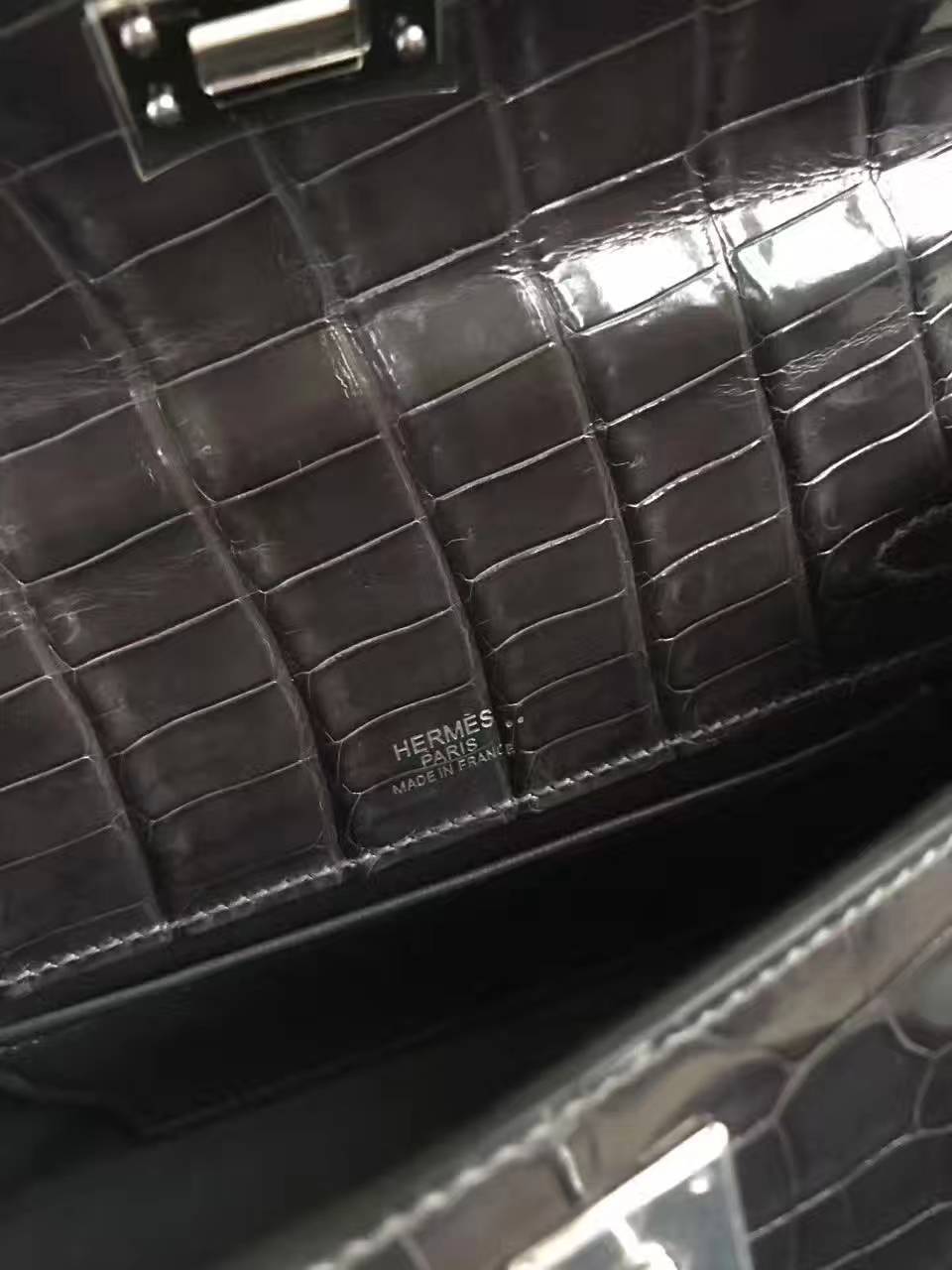 Wholesale Hermes 88 Graphite Grey Crocodile Shiny Leather Minikelly Bag 22cm