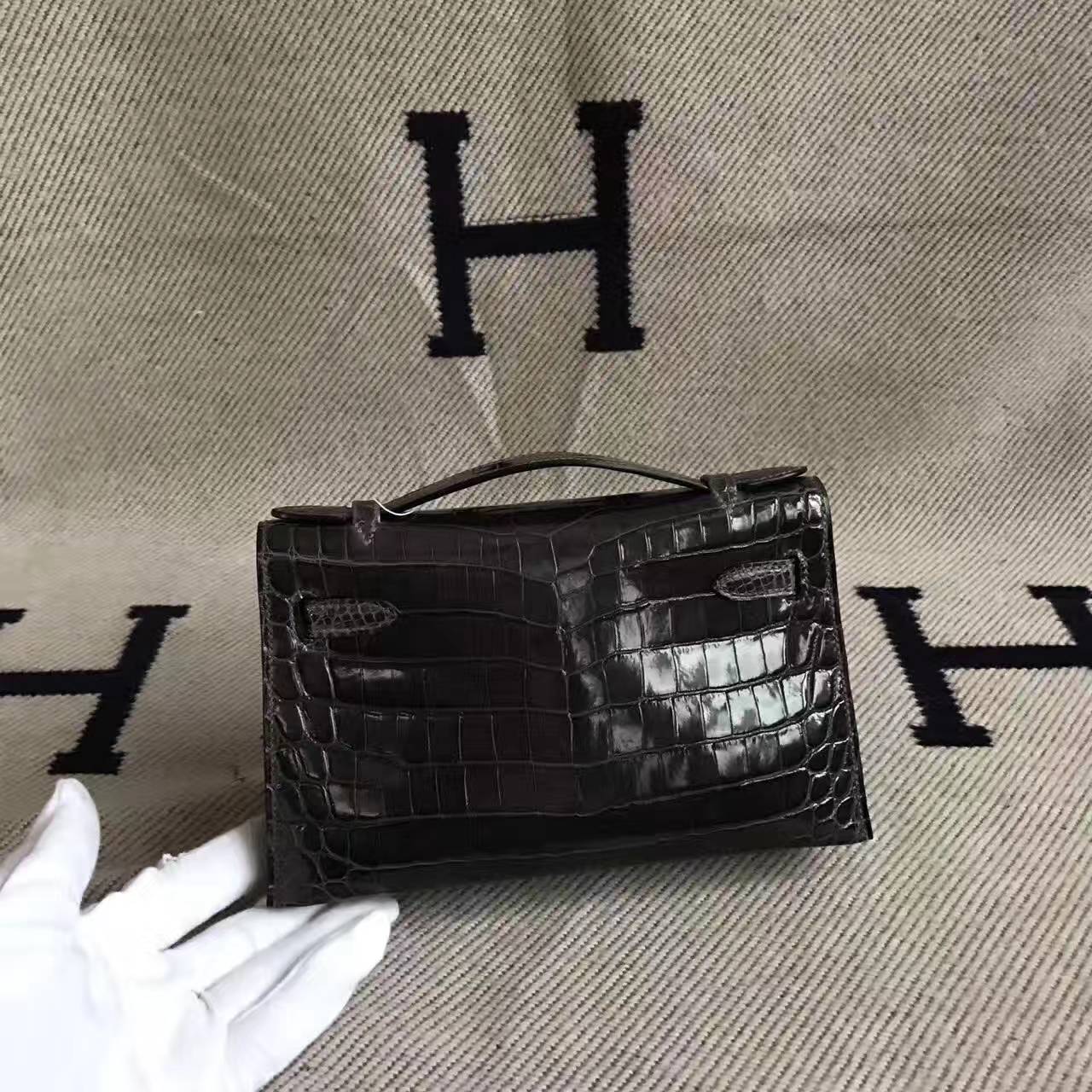 Wholesale Hermes 88 Graphite Grey Crocodile Shiny Leather Minikelly Bag 22cm