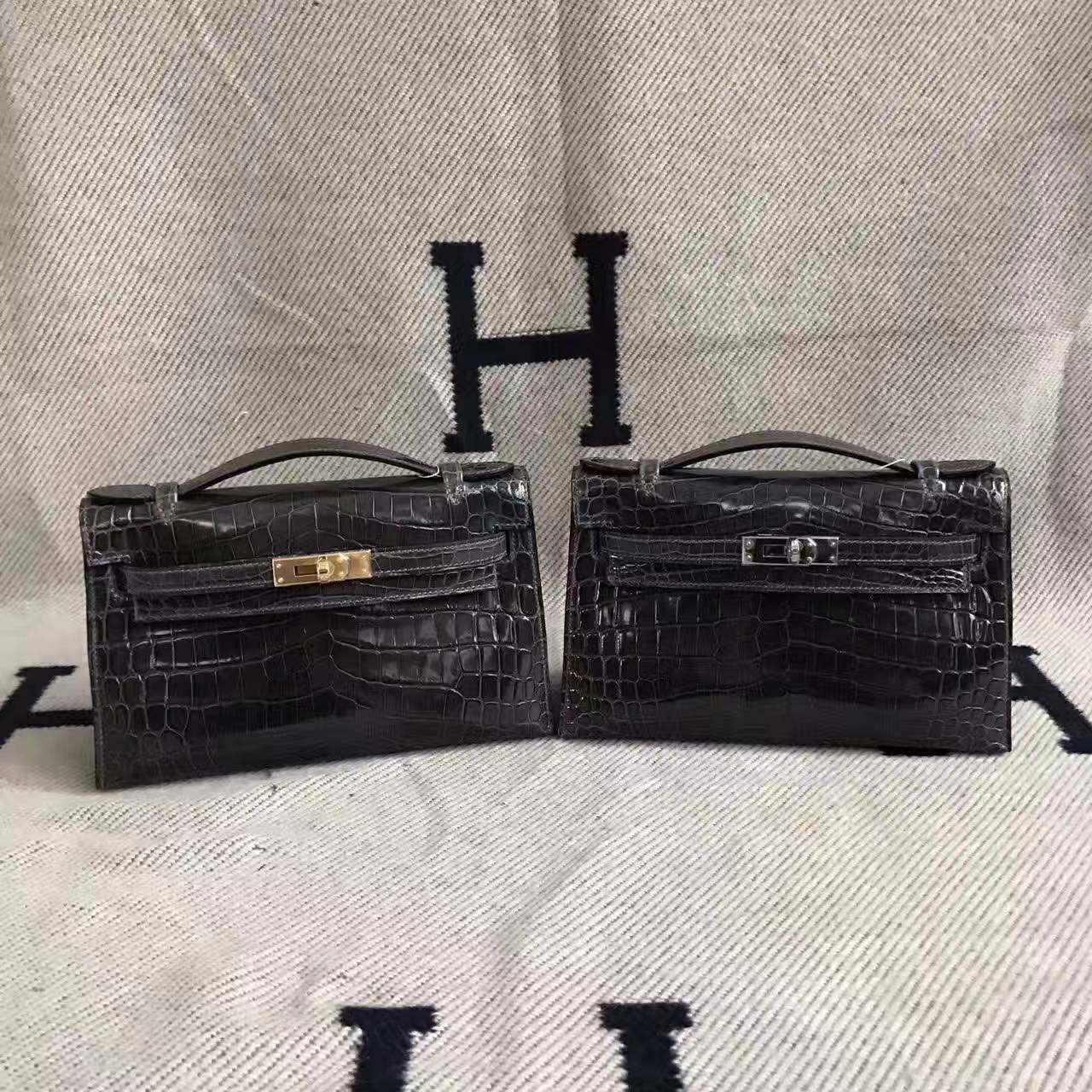 Wholesale Hermes 88 Graphite Grey Crocodile Shiny Leather Minikelly Bag 22cm