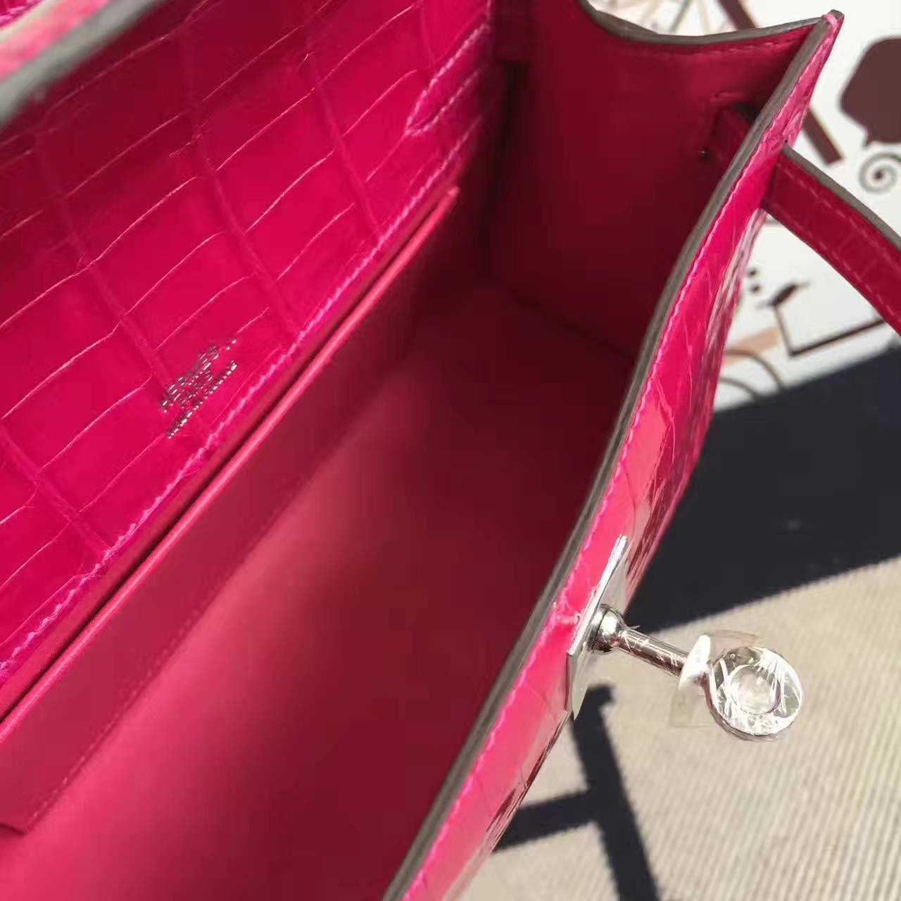 New Arrival Hermes J5 Rose Scheherazade Crocodile Shiny Leather Minikelly 22cm
