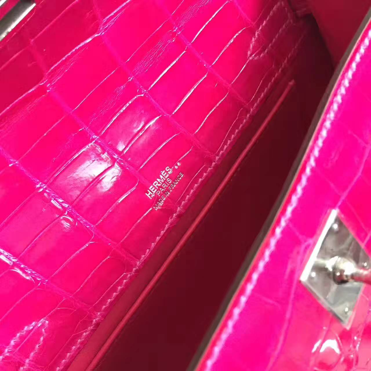 New Arrival Hermes J5 Rose Scheherazade Crocodile Shiny Leather Minikelly 22cm